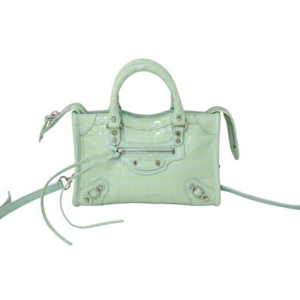 Balenciaga Green Leather Vernis Embossed Handbag City Patent Crocodile